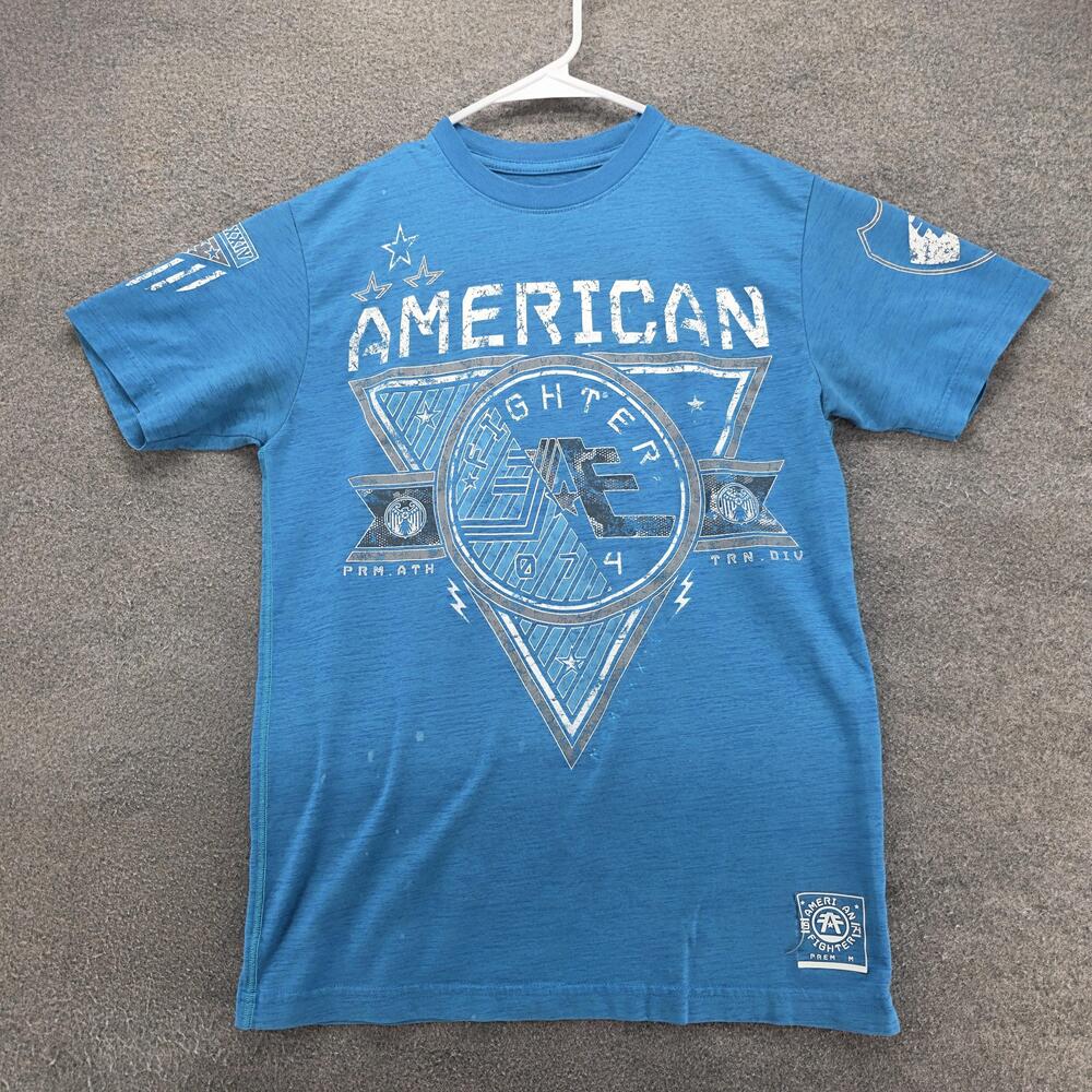 American Fighter Shirt Mens Small Blue Double Sided Graphic Tee Athletic Buckle